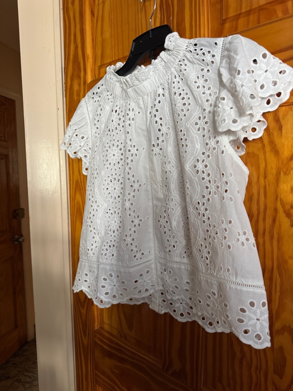 White Eyelet Ruffle-Neck Blouse - Women Tops. XL AVAILABLE IN OFF WHIT COLOR